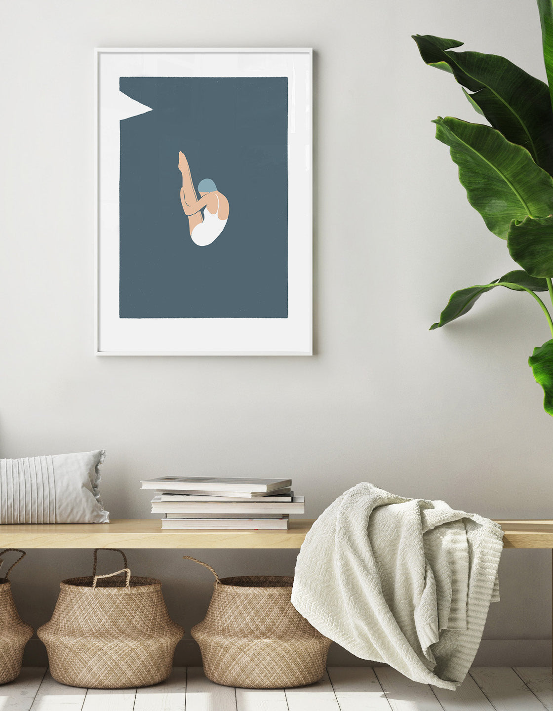 Art deco style print of a diver in action, showcasing vintage design and minimal colors, perfect for home decor.