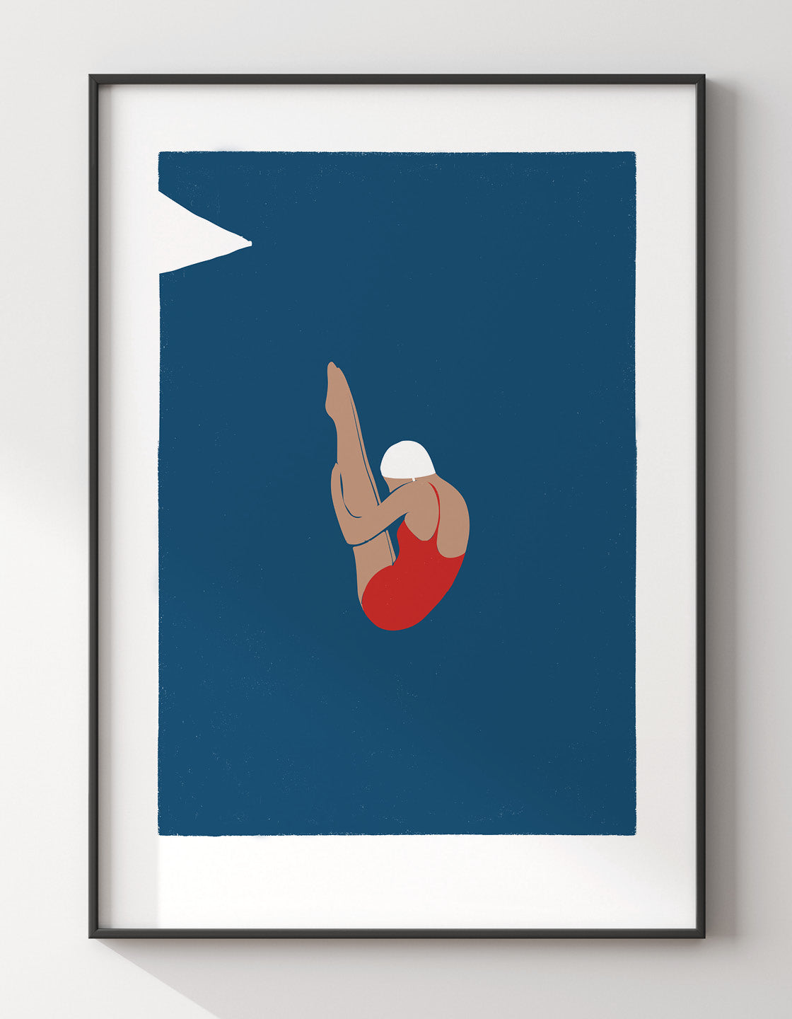 Art deco style print of a diver in action, showcasing vintage design and minimal colors, perfect for home decor.