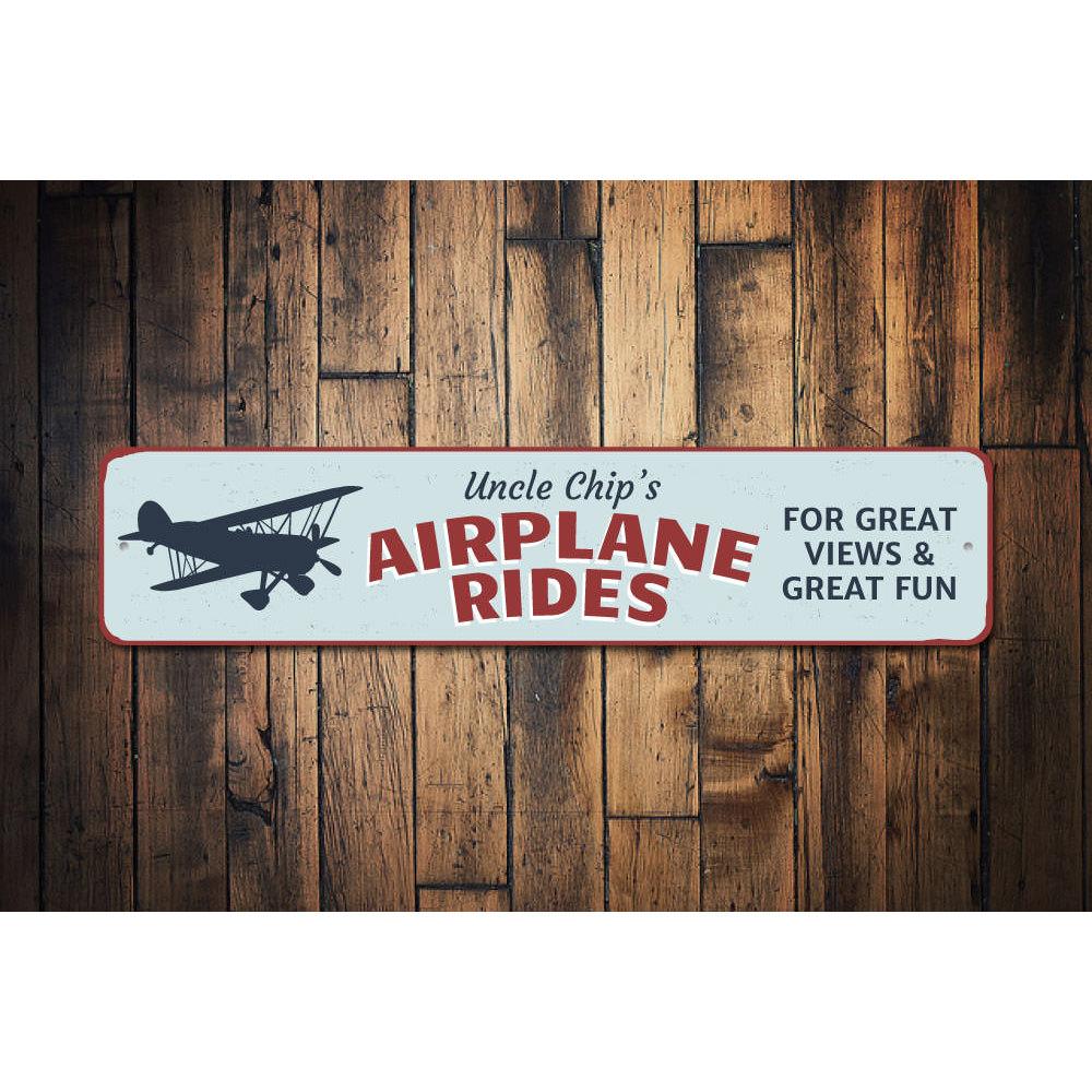 Pilot Airplane Rides Sign made of durable aluminum, featuring customizable text and pre-drilled holes for easy mounting.