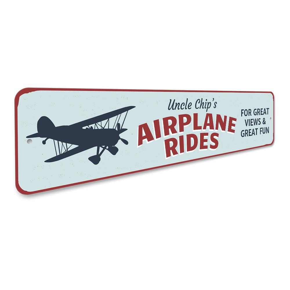 Pilot Airplane Rides Sign made of durable aluminum, featuring customizable text and pre-drilled holes for easy mounting.