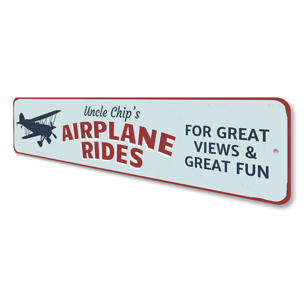 Pilot Airplane Rides Sign made of durable aluminum, featuring customizable text and pre-drilled holes for easy mounting.