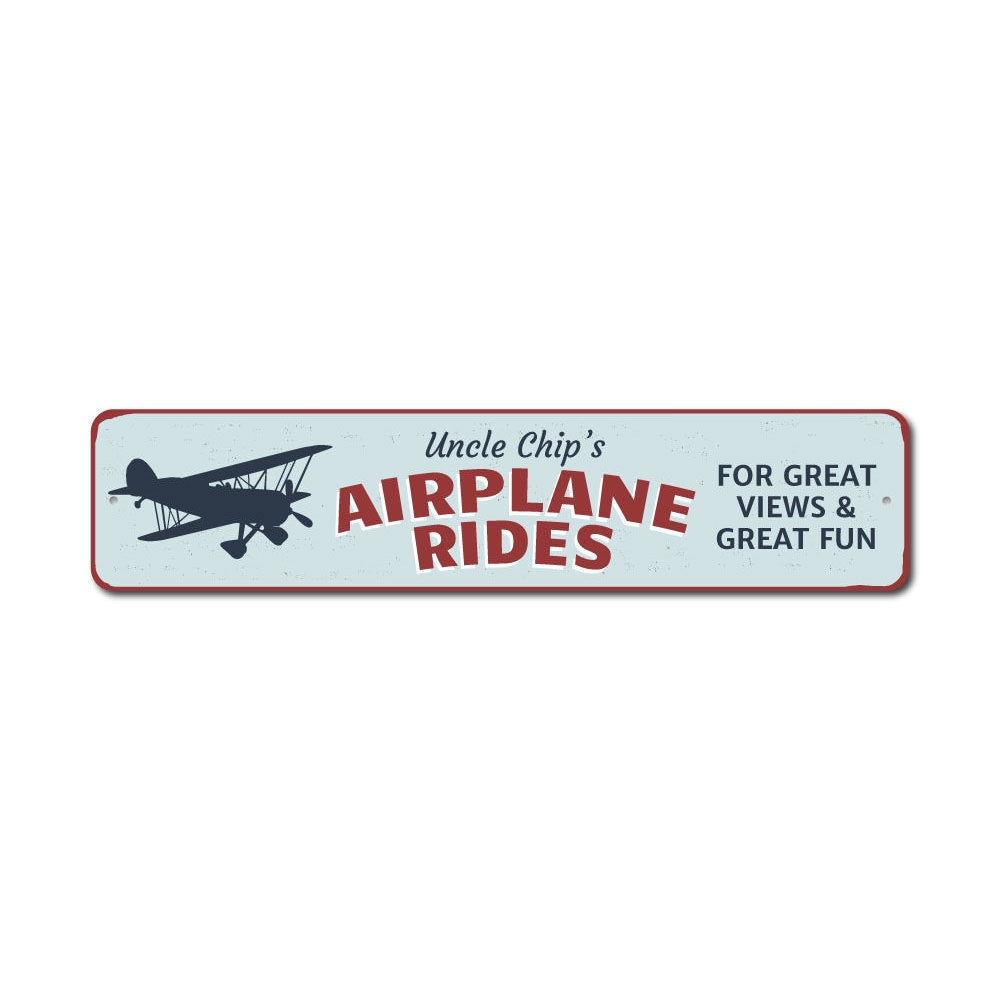 Pilot Airplane Rides Sign made of durable aluminum, featuring customizable text and pre-drilled holes for easy mounting.