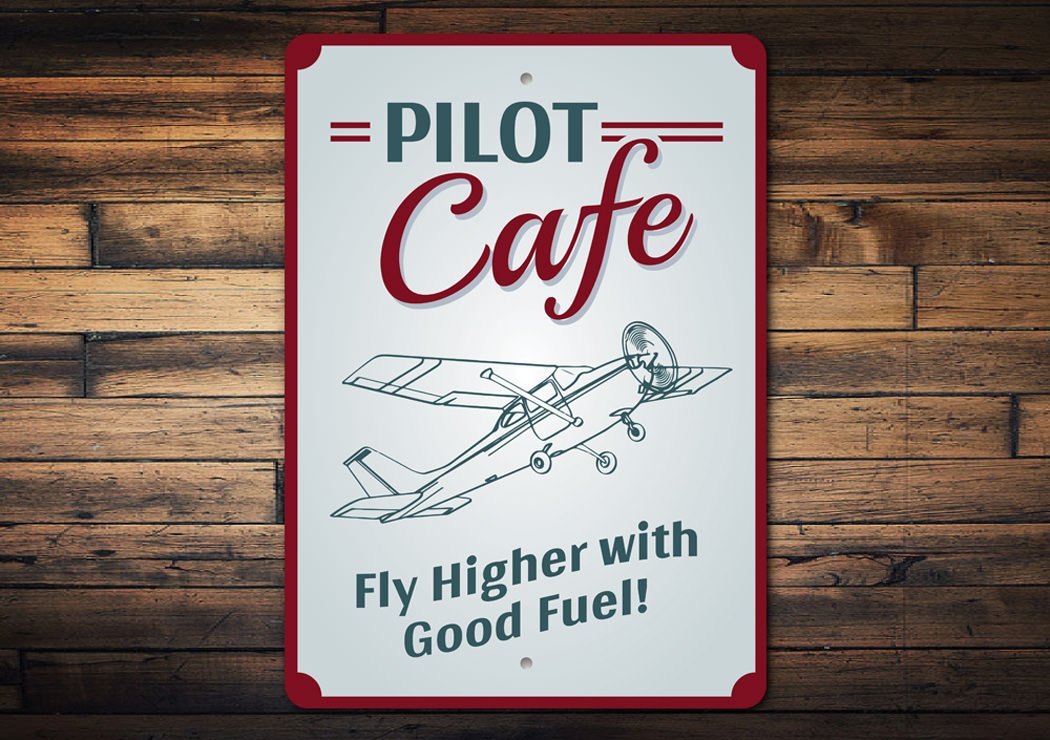 Pilot Cafe Sign made of high-quality aluminum, customizable for cafes and restaurants, featuring pre-drilled holes for easy mounting.