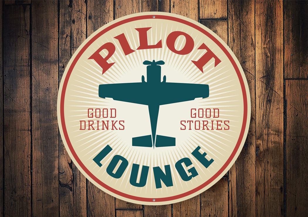 Pilot Drinks Lounge Hangar Sign made of durable aluminum, featuring a stylish design perfect for aviation enthusiasts.