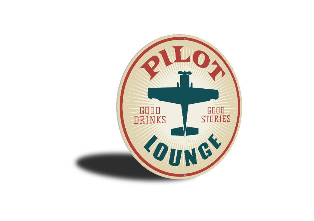 Pilot Drinks Lounge Hangar Sign made of durable aluminum, featuring a stylish design perfect for aviation enthusiasts.