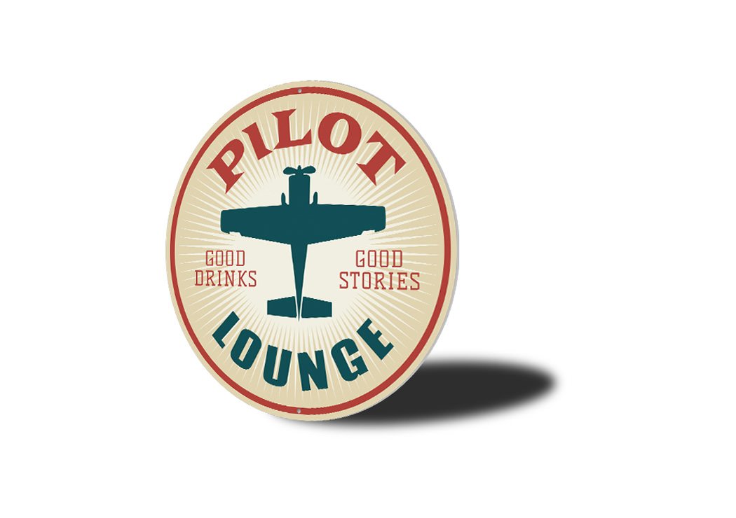 Pilot Drinks Lounge Hangar Sign made of durable aluminum, featuring a stylish design perfect for aviation enthusiasts.