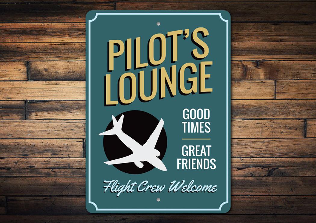 Pilot's Lounge Welcome Sign made of high-quality aluminum, featuring customizable text and pre-drilled holes for easy mounting.