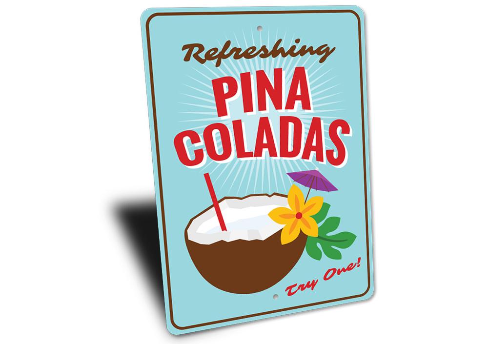 A vibrant Pina Coladas Bar Sign made of aluminum, featuring tropical colors and a beach-themed design, perfect for coastal decor.