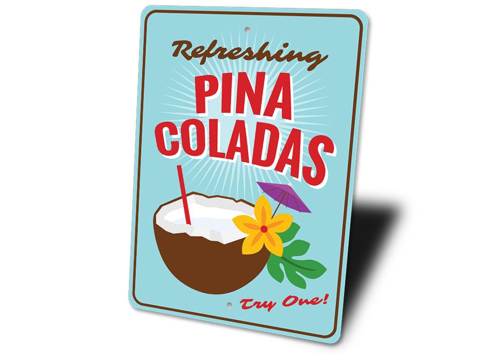 A vibrant Pina Coladas Bar Sign made of aluminum, featuring tropical colors and a beach-themed design, perfect for coastal decor.