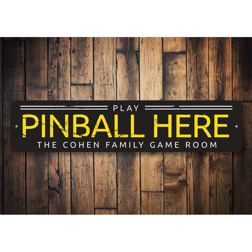 Customizable Pinball Sign made of high-quality aluminum, featuring vibrant colors and pre-drilled holes for easy mounting.