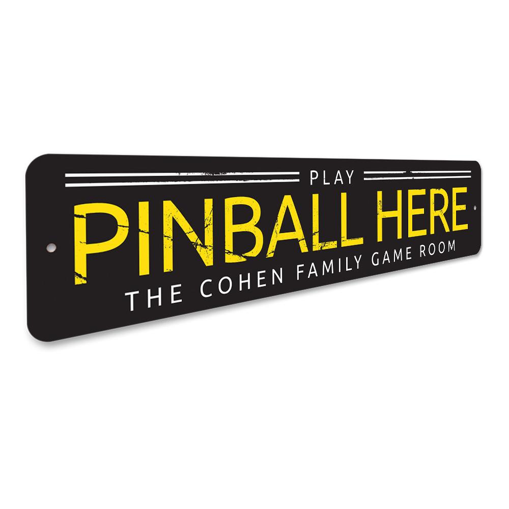 Customizable Pinball Sign made of high-quality aluminum, featuring vibrant colors and pre-drilled holes for easy mounting.