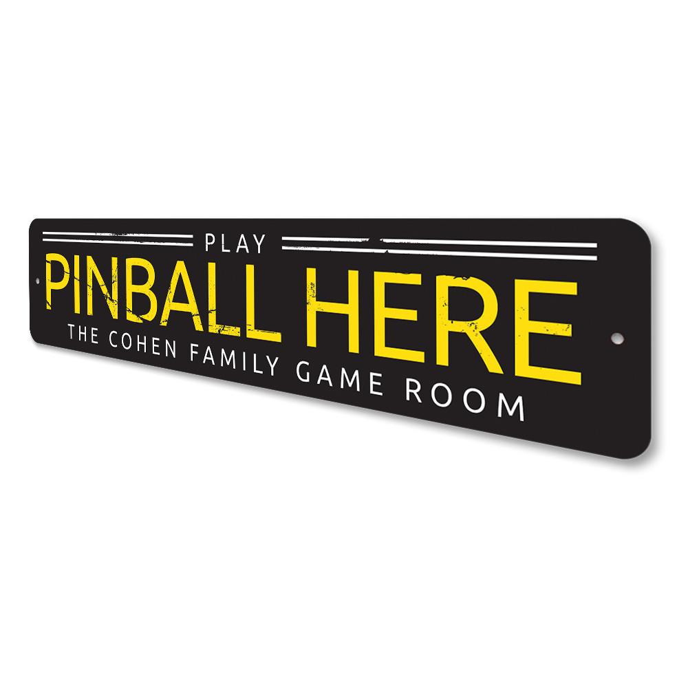 Customizable Pinball Sign made of high-quality aluminum, featuring vibrant colors and pre-drilled holes for easy mounting.