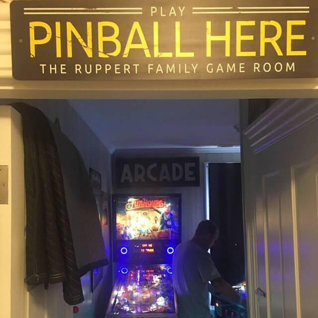 Customizable Pinball Sign made of high-quality aluminum, featuring vibrant colors and pre-drilled holes for easy mounting.