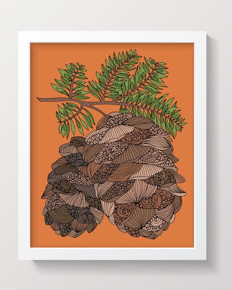 Archival art print of pine cones in pen and ink with digital coloring, 8x10 inches on matte cardstock.