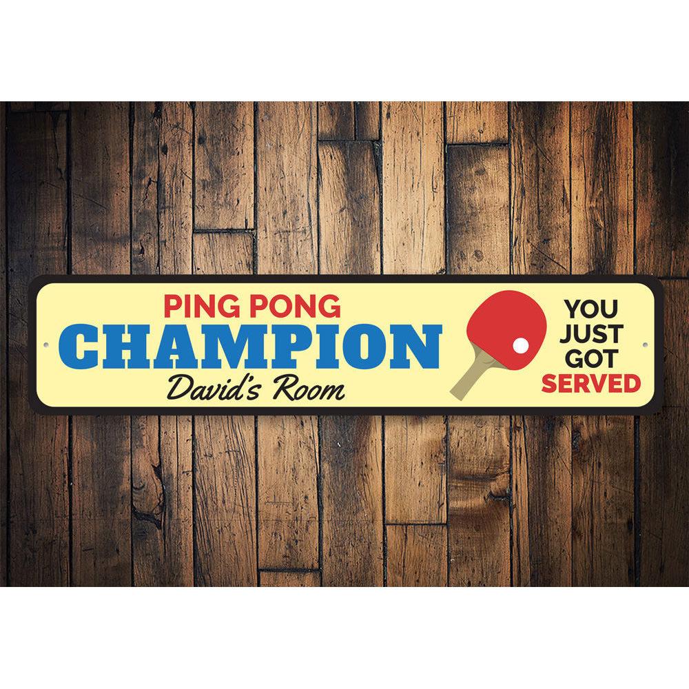 A vibrant Ping Pong Champion Sign made of durable aluminum, featuring a playful design perfect for kids' rooms and game areas.