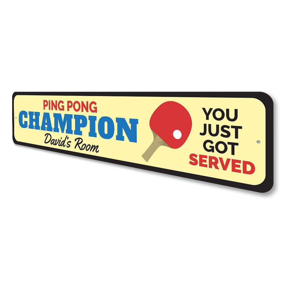 A vibrant Ping Pong Champion Sign made of durable aluminum, featuring a playful design perfect for kids' rooms and game areas.