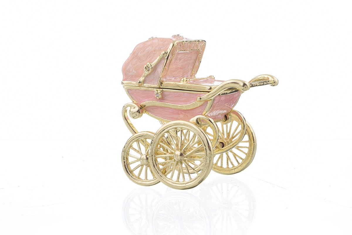 A beautifully handcrafted Pink Baby Carriage trinket box adorned with Austrian crystals and plated with 24K gold, showcasing intricate details.