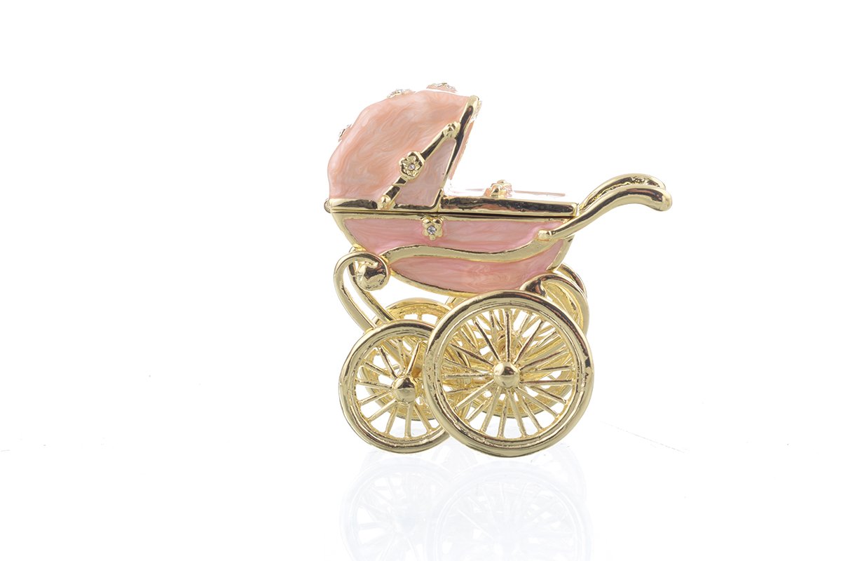 A beautifully handcrafted Pink Baby Carriage trinket box adorned with Austrian crystals and plated with 24K gold, showcasing intricate details.