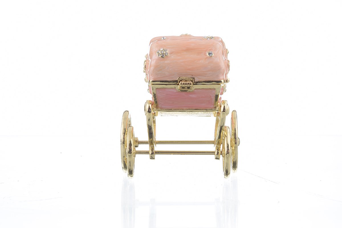 A beautifully handcrafted Pink Baby Carriage trinket box adorned with Austrian crystals and plated with 24K gold, showcasing intricate details.