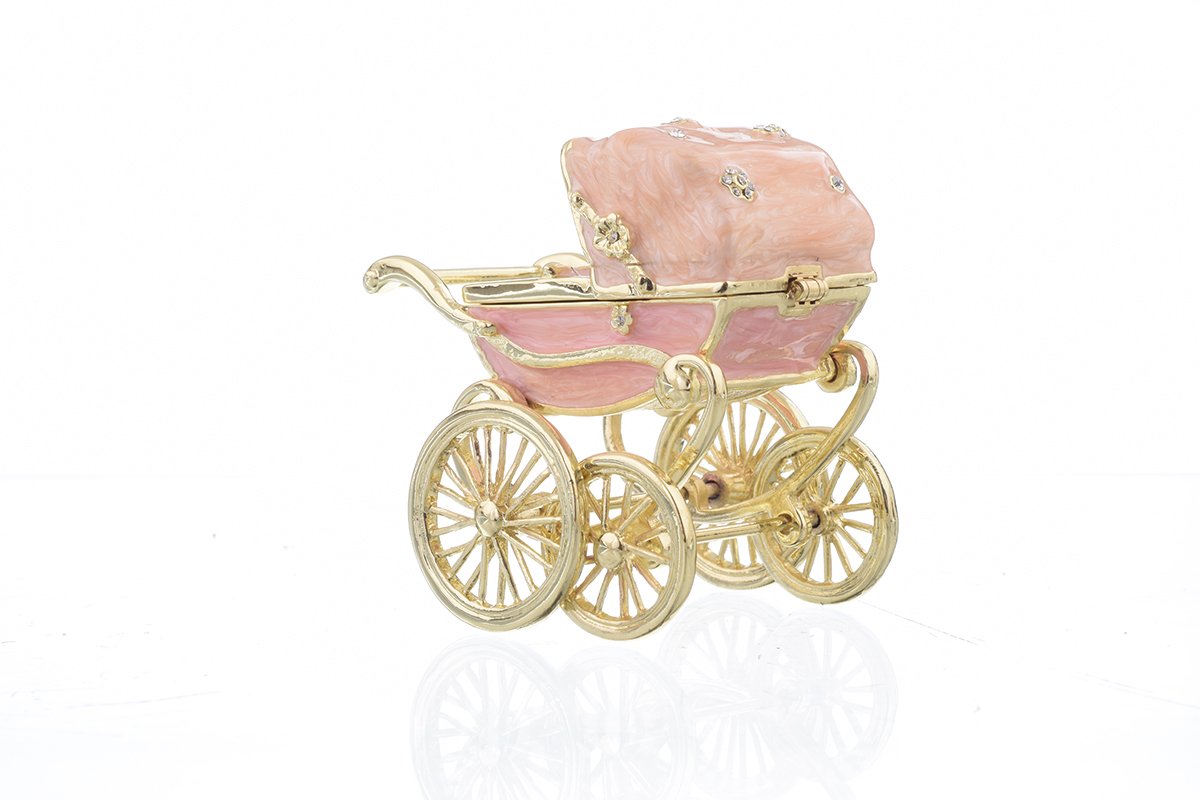 A beautifully handcrafted Pink Baby Carriage trinket box adorned with Austrian crystals and plated with 24K gold, showcasing intricate details.