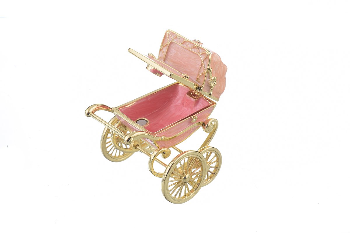 A beautifully handcrafted Pink Baby Carriage trinket box adorned with Austrian crystals and plated with 24K gold, showcasing intricate details.