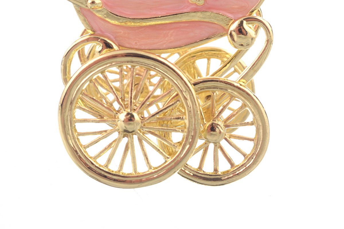 A beautifully handcrafted Pink Baby Carriage trinket box adorned with Austrian crystals and plated with 24K gold, showcasing intricate details.