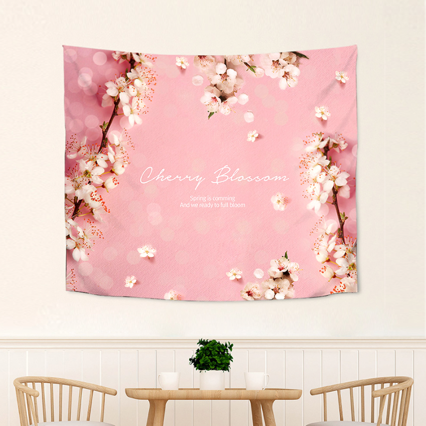 A vibrant Pink Cherry Blossom fabric poster measuring 150cm x 130cm, showcasing delicate floral patterns in soft pink hues.