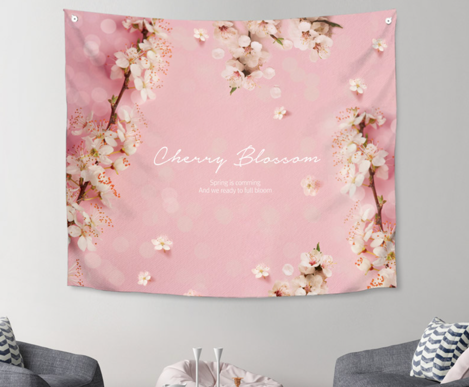 A vibrant Pink Cherry Blossom fabric poster measuring 150cm x 130cm, showcasing delicate floral patterns in soft pink hues.