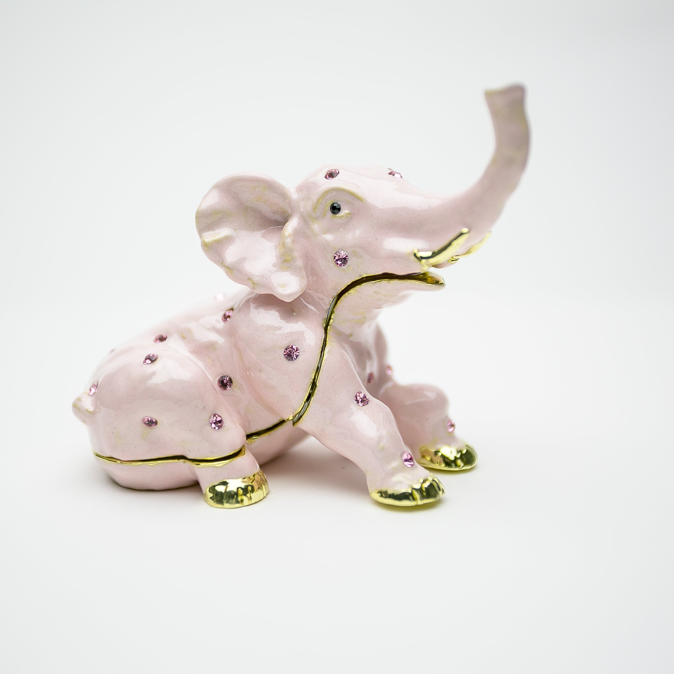 Handcrafted Pink Elephant trinket box adorned with Austrian crystals and plated in 24K gold, showcasing intricate details and vibrant colors.