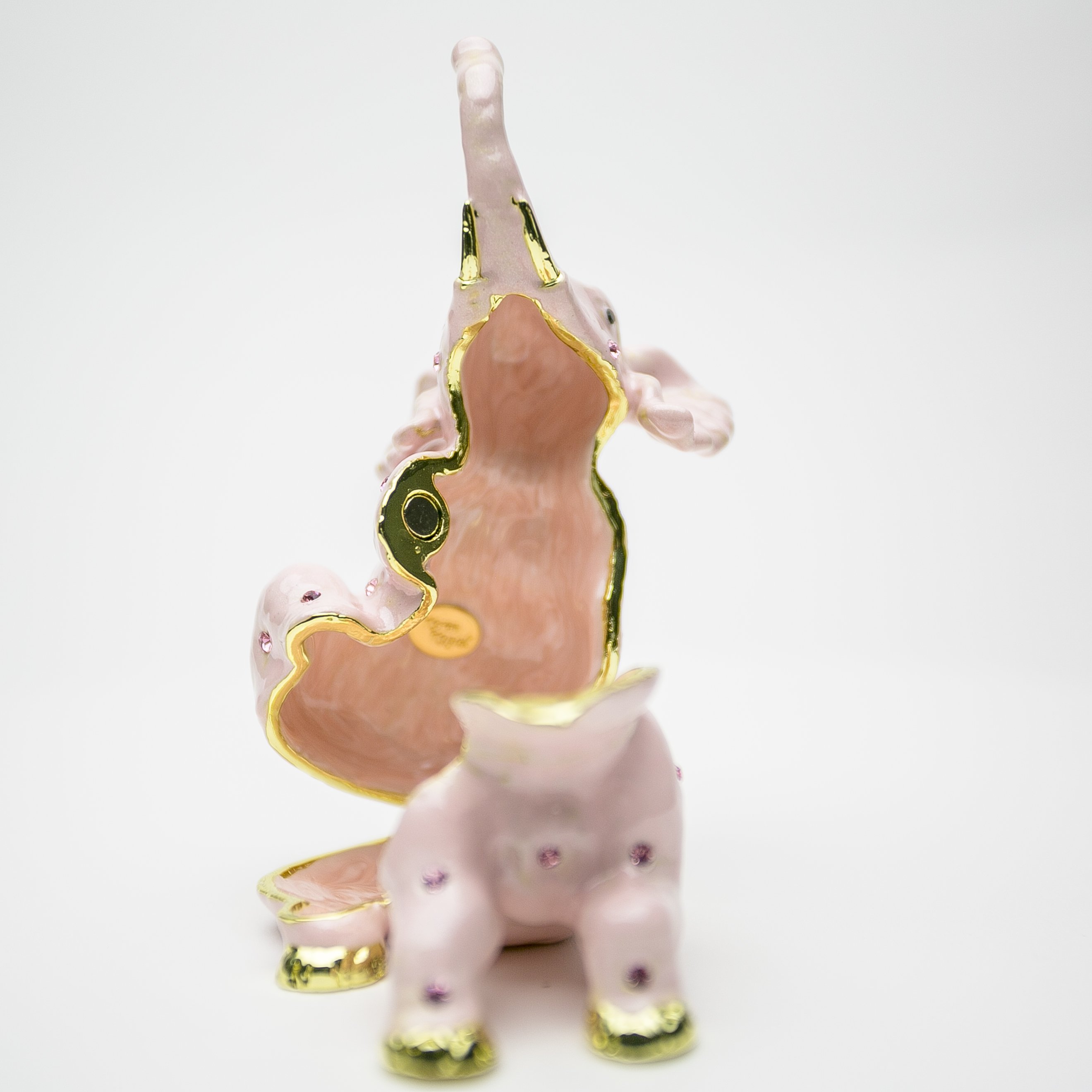 Handcrafted Pink Elephant trinket box adorned with Austrian crystals and plated in 24K gold, showcasing intricate details and vibrant colors.