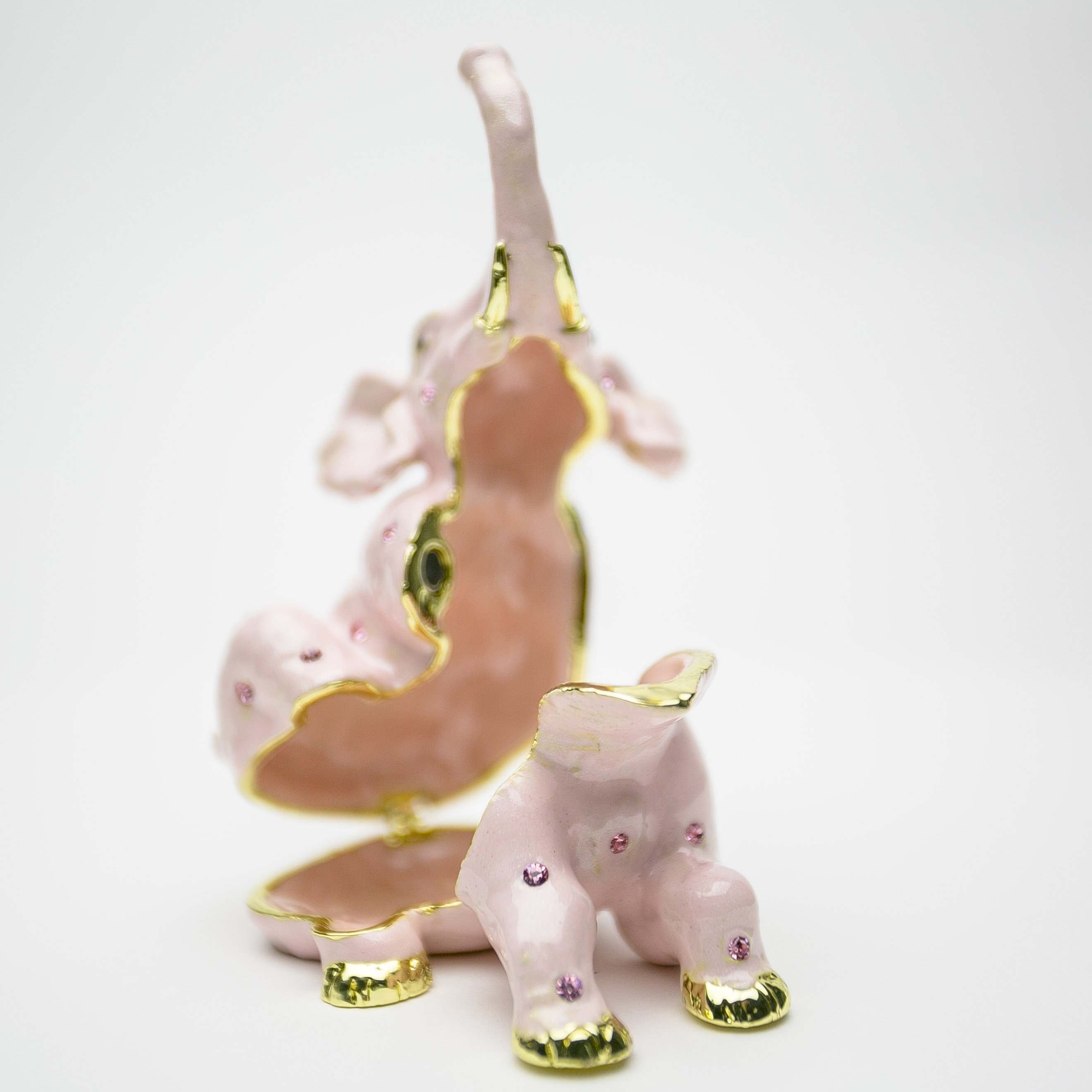 Handcrafted Pink Elephant trinket box adorned with Austrian crystals and plated in 24K gold, showcasing intricate details and vibrant colors.