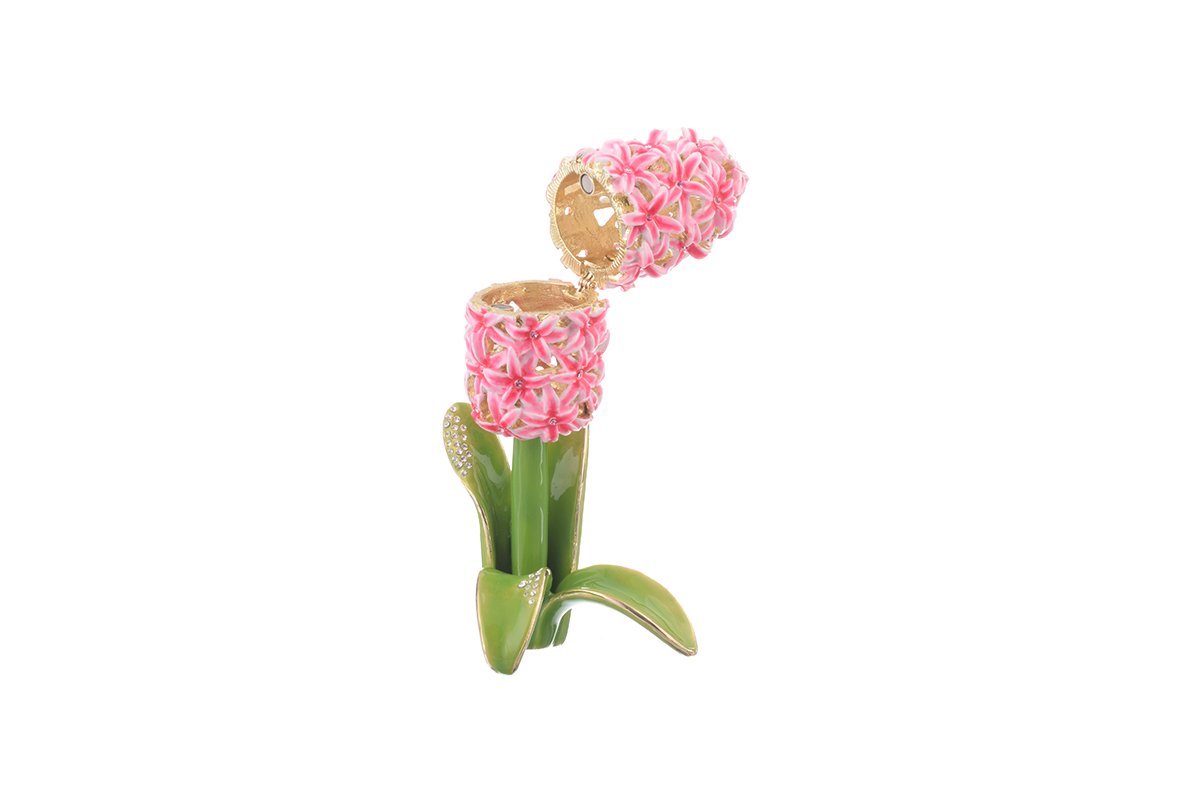 A beautifully handcrafted Pink Flower trinket box adorned with Austrian crystals and plated with 24K gold, showcasing intricate enamel work.