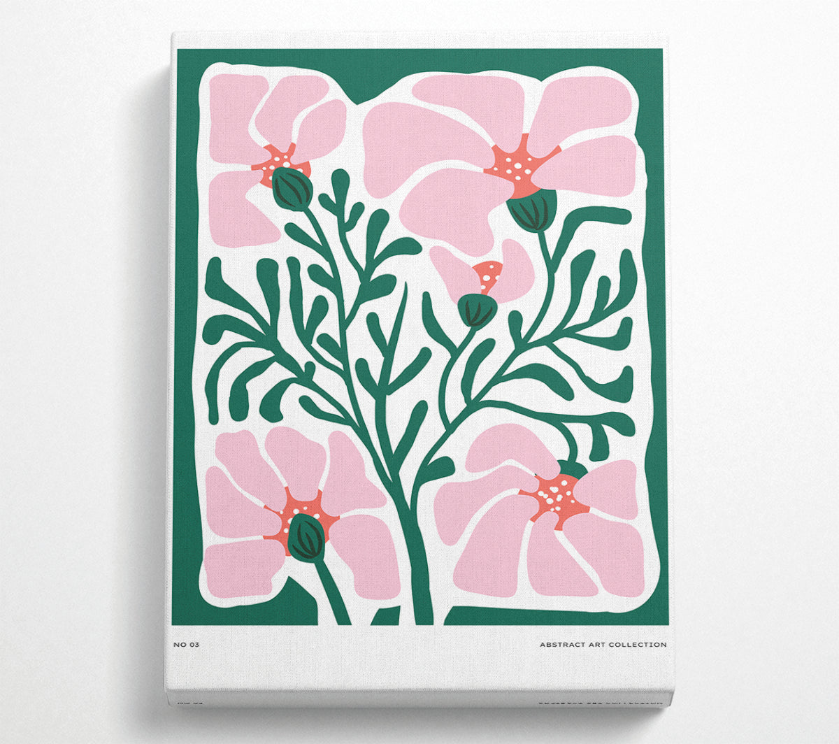 A vibrant canvas art piece featuring pink flowers on a green background, mounted on a sturdy box frame, ready to hang.