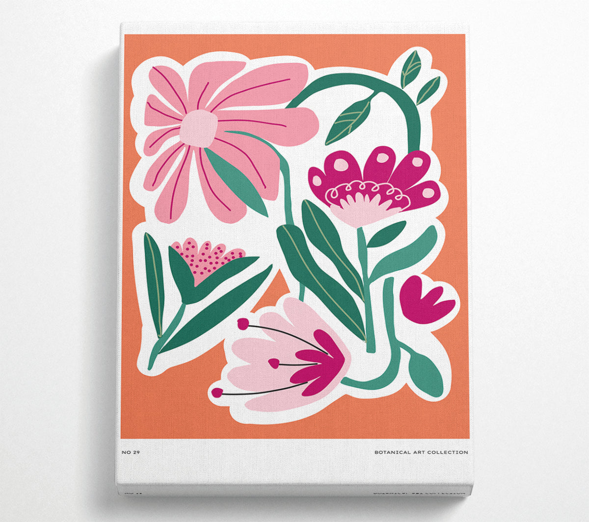 Vibrant canvas art featuring pink flowers on an orange background, mounted on a sturdy box frame, ready to hang.