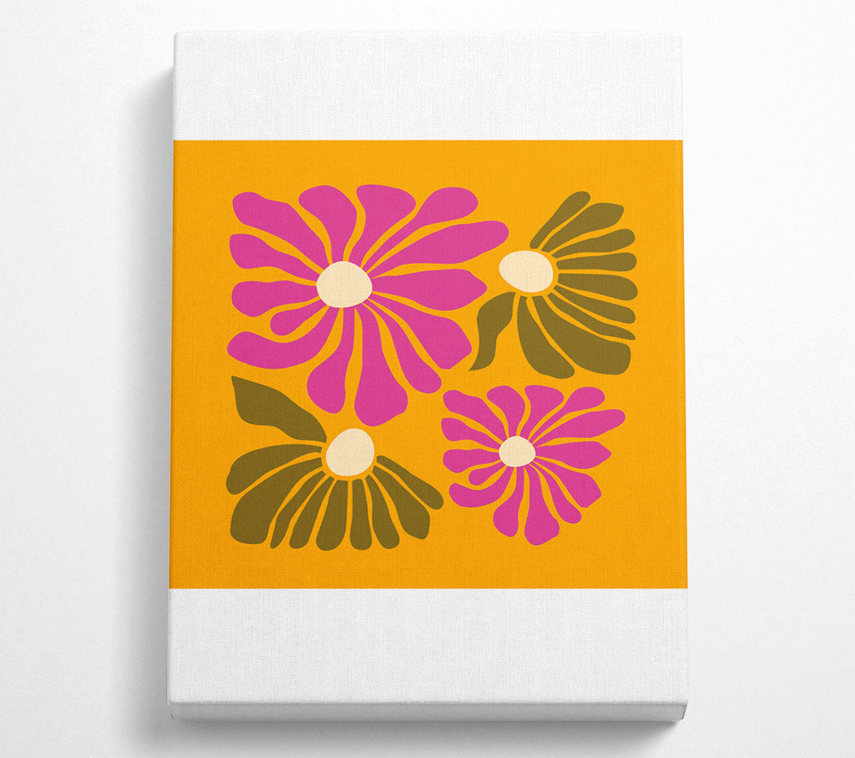 Vibrant canvas art featuring pink flowers on an orange background, mounted on a sturdy box frame, ready to hang.