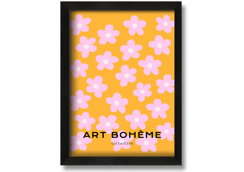 Framed print of pink flowers on a vibrant yellow background, showcasing handmade craftsmanship from the UK.