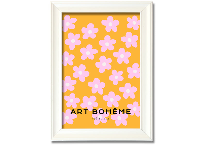 Framed print of pink flowers on a vibrant yellow background, showcasing handmade craftsmanship from the UK.