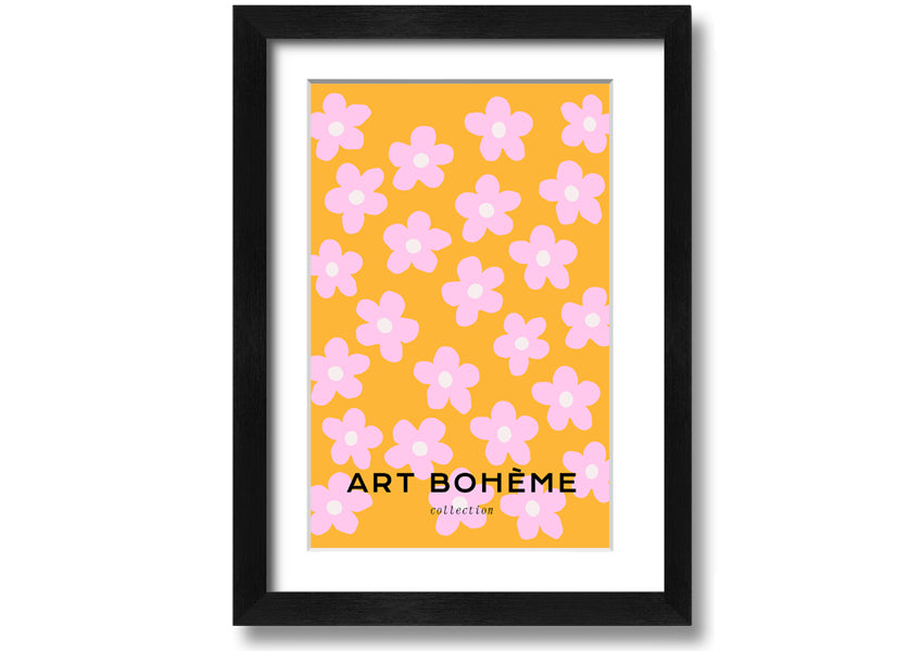 Framed print of pink flowers on a vibrant yellow background, showcasing handmade craftsmanship from the UK.