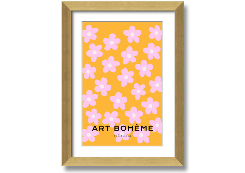 Framed print of pink flowers on a vibrant yellow background, showcasing handmade craftsmanship from the UK.