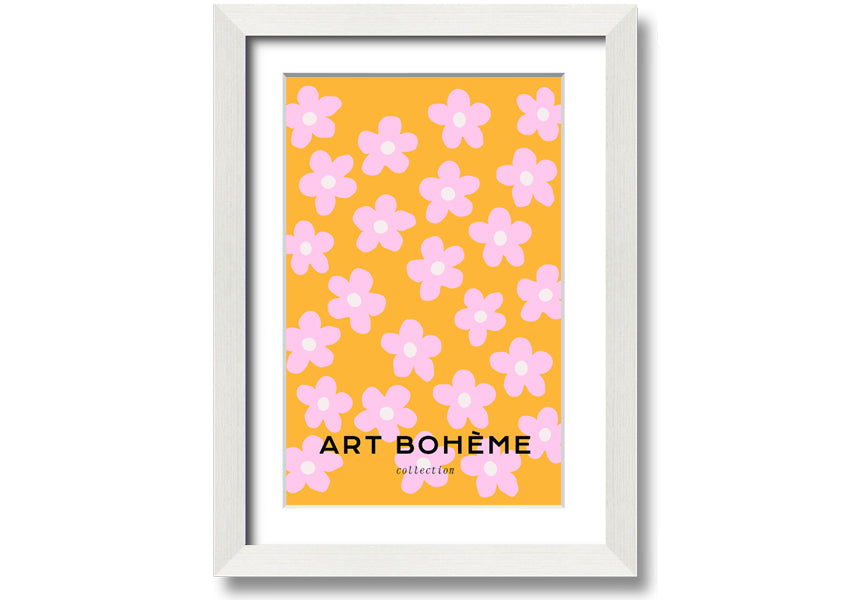 Framed print of pink flowers on a vibrant yellow background, showcasing handmade craftsmanship from the UK.