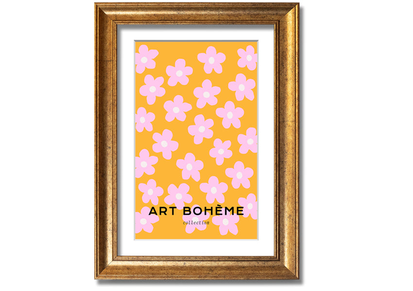 Framed print of pink flowers on a vibrant yellow background, showcasing handmade craftsmanship from the UK.