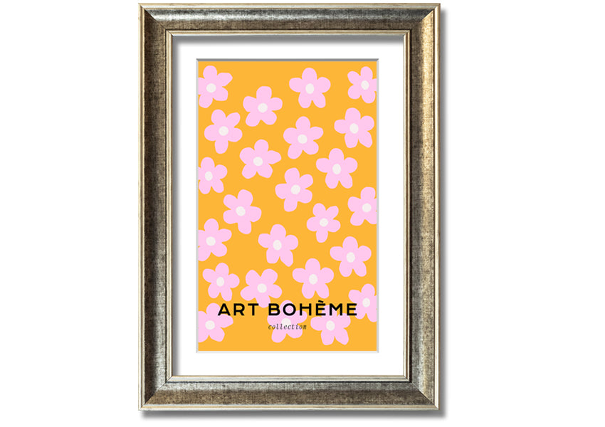 Framed print of pink flowers on a vibrant yellow background, showcasing handmade craftsmanship from the UK.