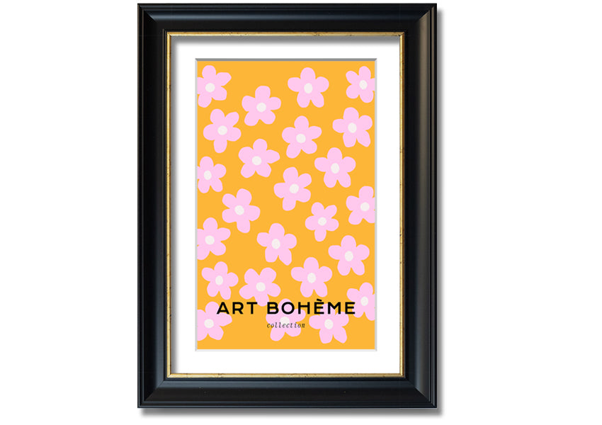 Framed print of pink flowers on a vibrant yellow background, showcasing handmade craftsmanship from the UK.