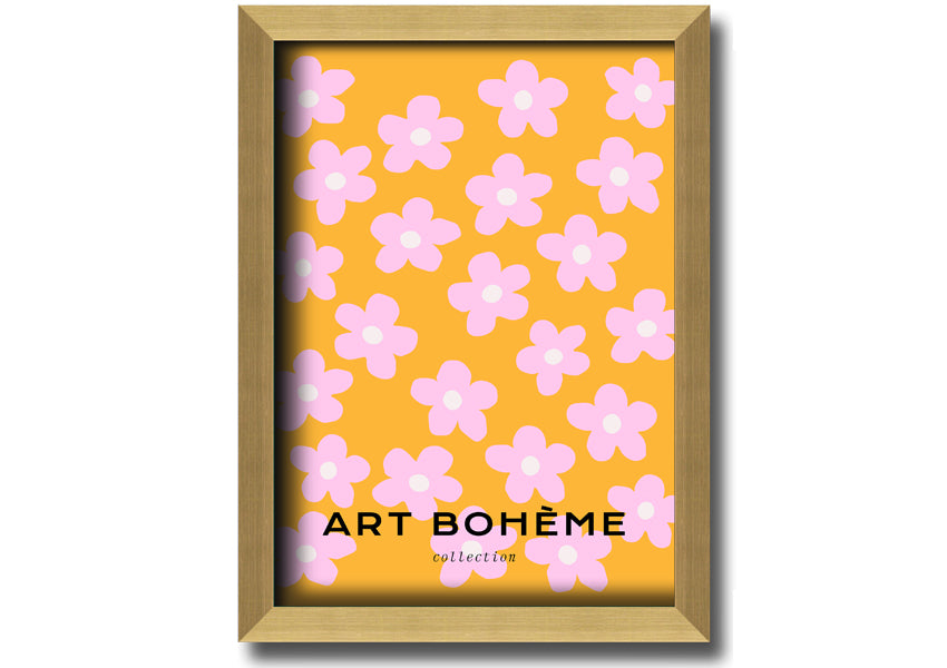 Framed print of pink flowers on a vibrant yellow background, showcasing handmade craftsmanship from the UK.