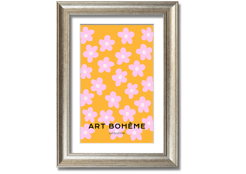 Framed print of pink flowers on a vibrant yellow background, showcasing handmade craftsmanship from the UK.