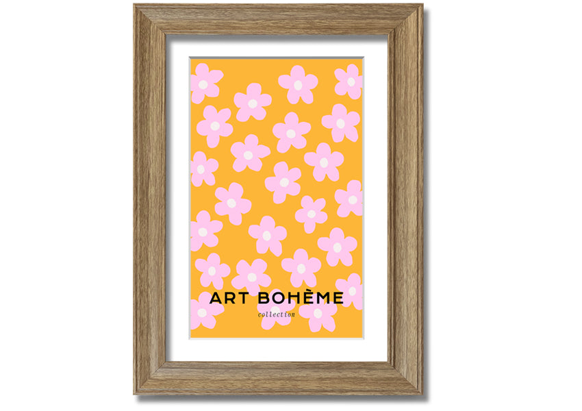 Framed print of pink flowers on a vibrant yellow background, showcasing handmade craftsmanship from the UK.