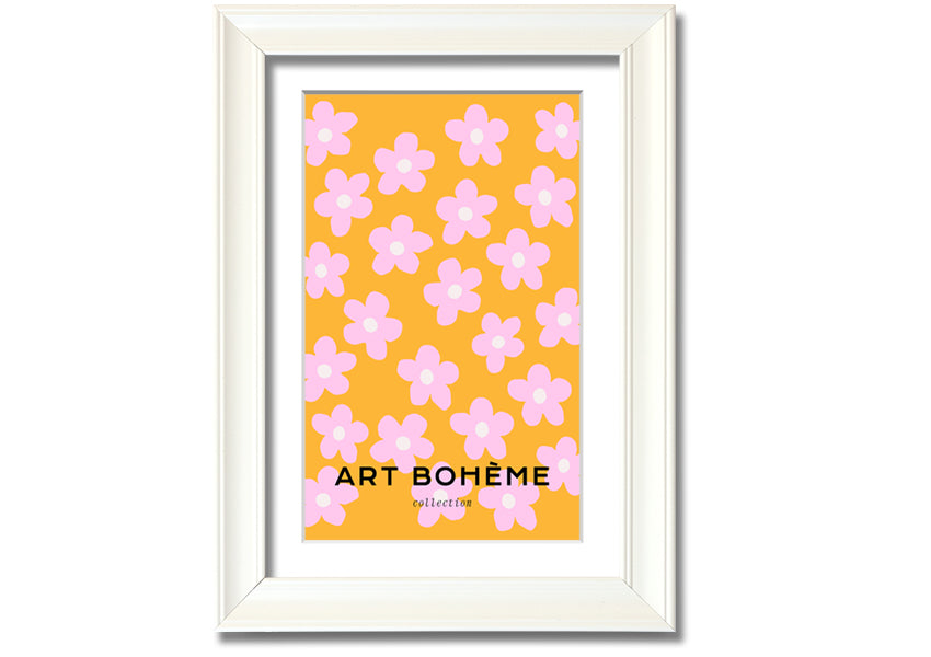 Framed print of pink flowers on a vibrant yellow background, showcasing handmade craftsmanship from the UK.