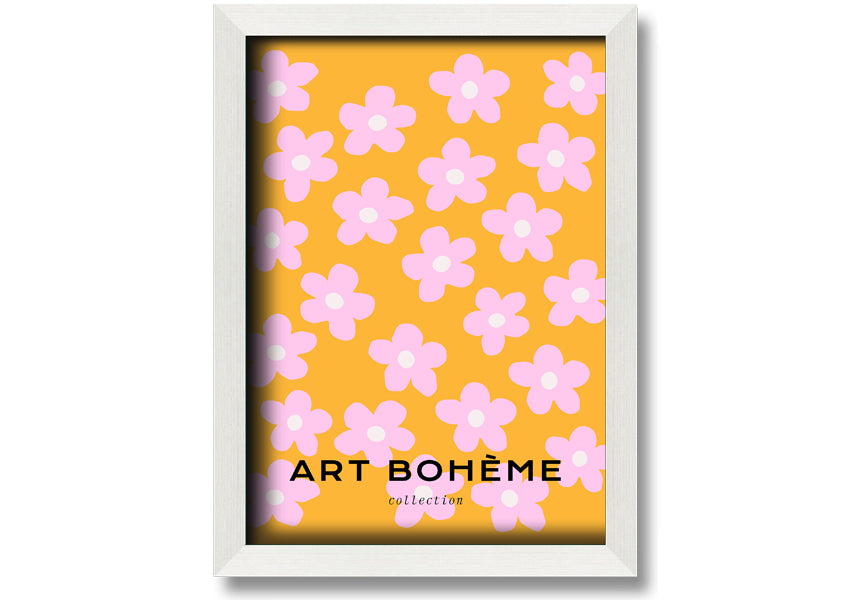 Framed print of pink flowers on a vibrant yellow background, showcasing handmade craftsmanship from the UK.