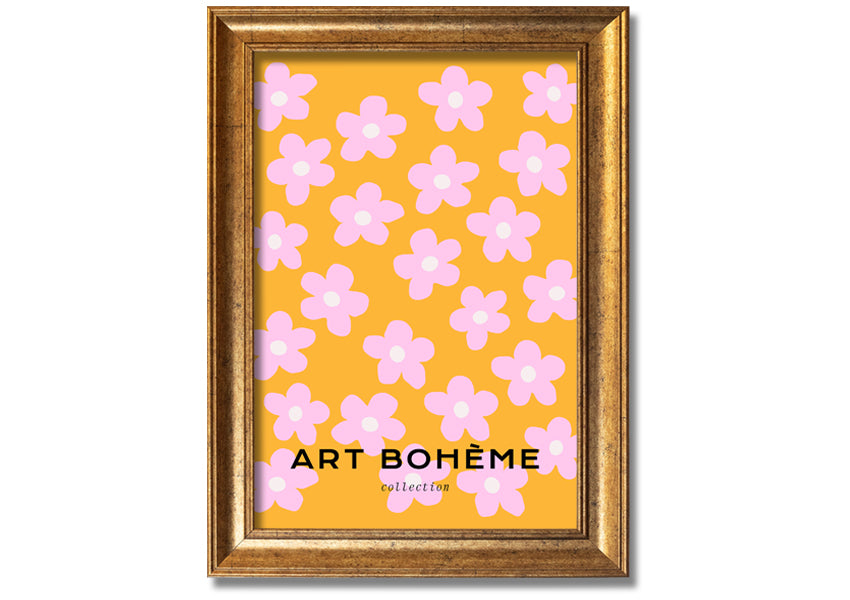 Framed print of pink flowers on a vibrant yellow background, showcasing handmade craftsmanship from the UK.