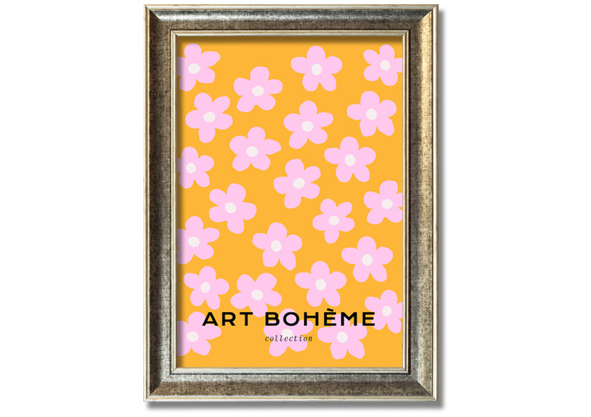 Framed print of pink flowers on a vibrant yellow background, showcasing handmade craftsmanship from the UK.